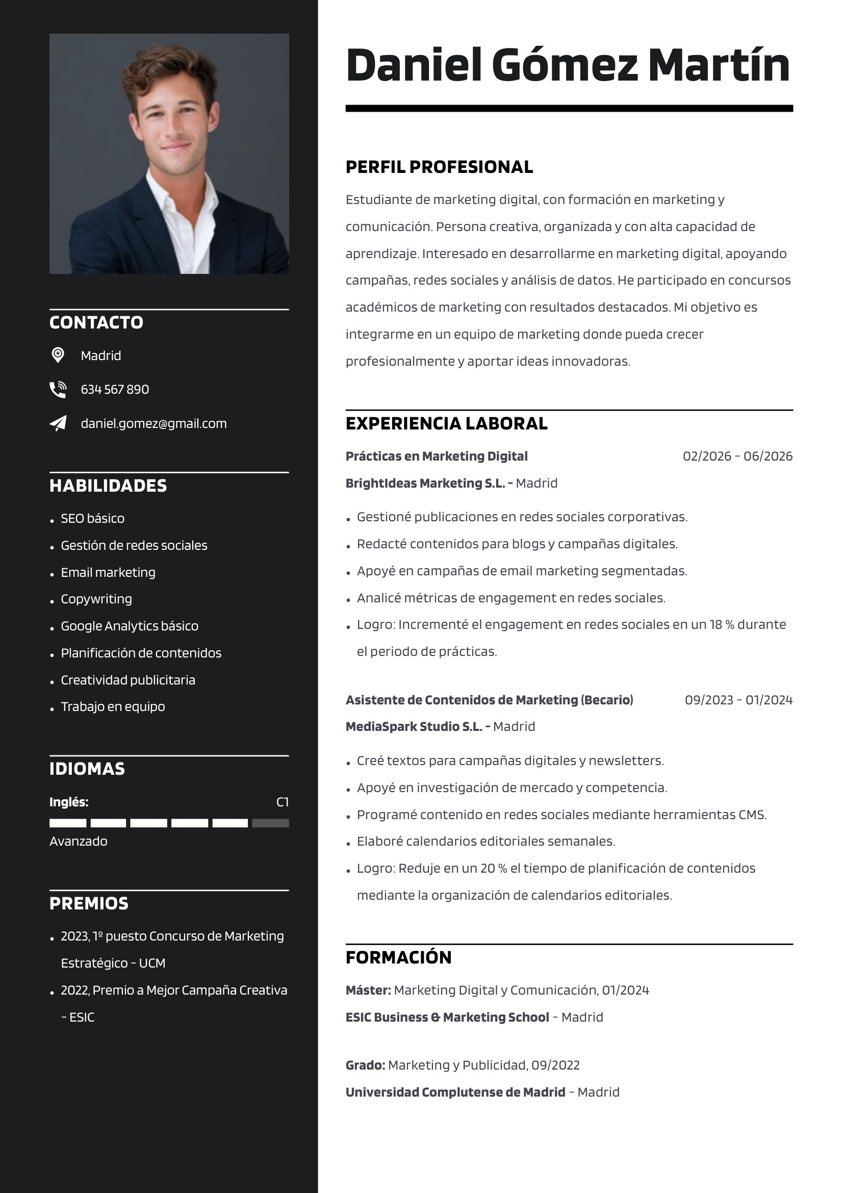 Plantilla de curriculum vitae de estudiante de marketing